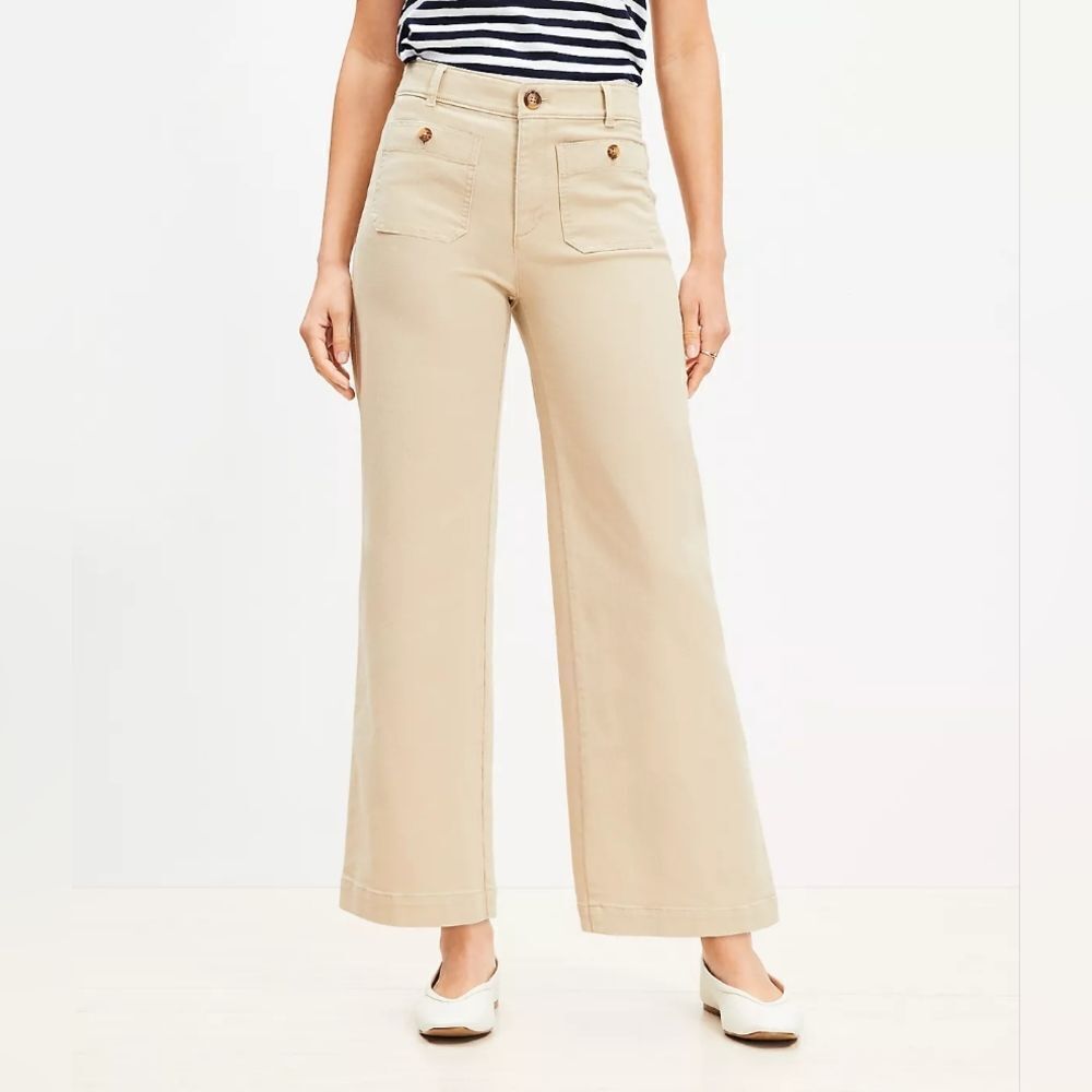 LOFT The Palmer Wide Leg Twill Pants Natural Jute Patch Pockets Size 14
